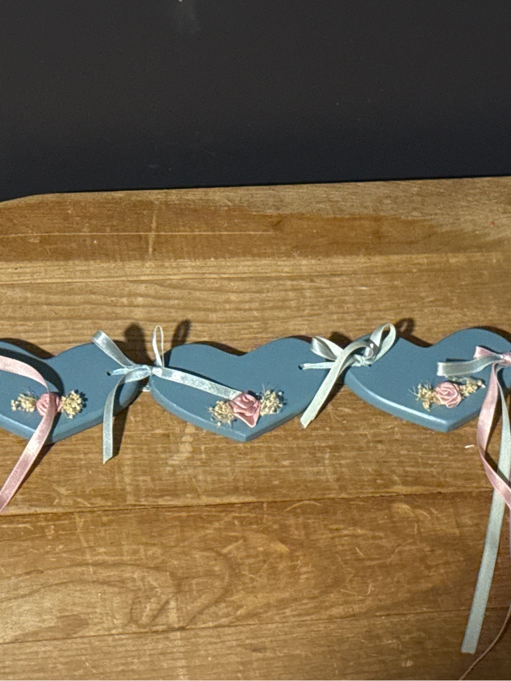 Vintage Blue Heart Wood Garland with Pink Rose Accents